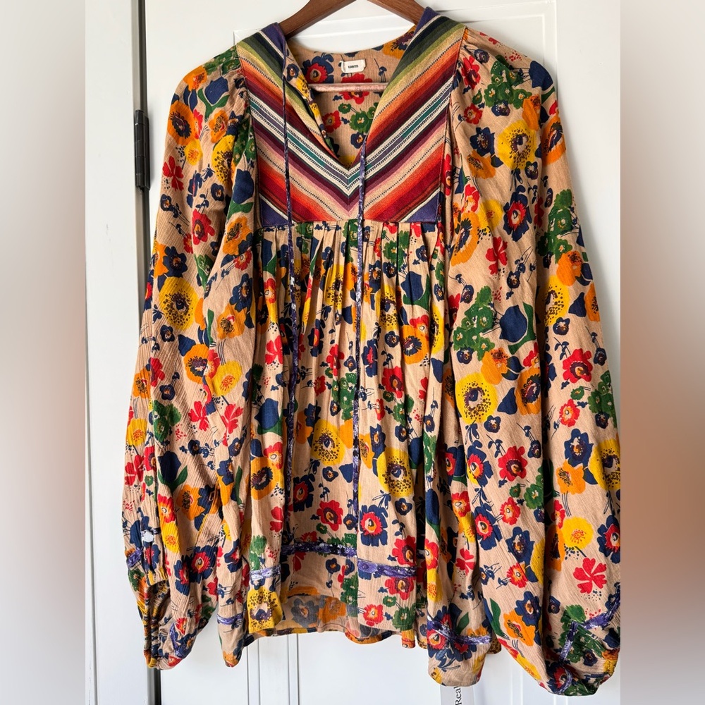 Warm Boho Bohemian 100% Cotton Rainbow Balloon Sleeve Blouse Shirt XS